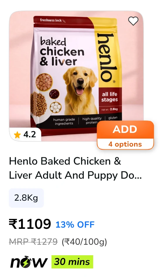 The redesigned product card: rating and a filled ADD with its option count on the image, a two-line title, pack chip, price with the discount in blue, MRP with unit price, and the delivery badge.