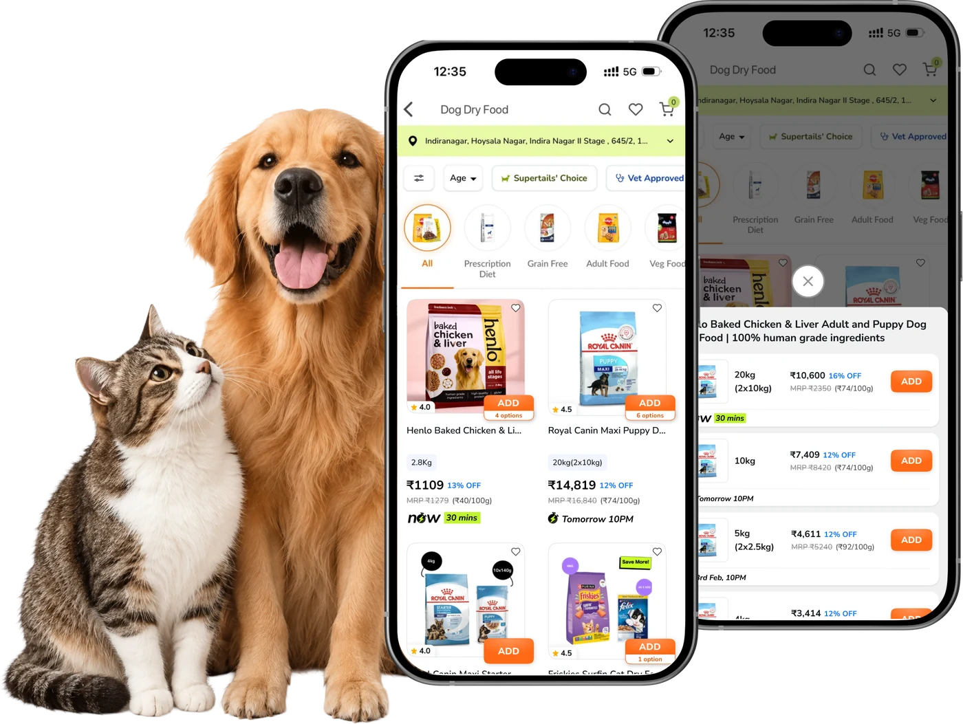A golden retriever and a tabby cat beside two iPhones: the Supertails dog-food listing with the redesigned product cards, and the variant sheet open over the dimmed listing showing each pack size with its price, discount, unit price and delivery promise.