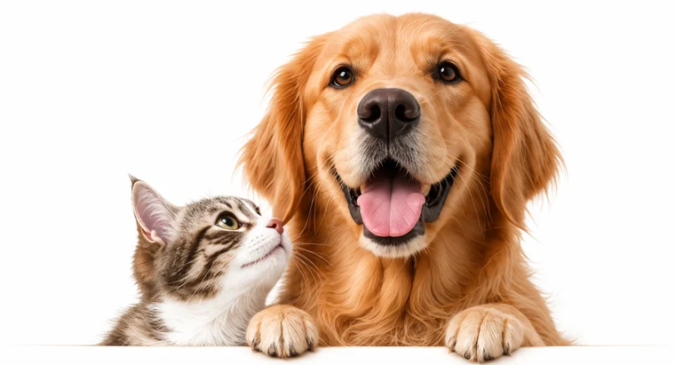 A tabby cat nuzzling a golden retriever.