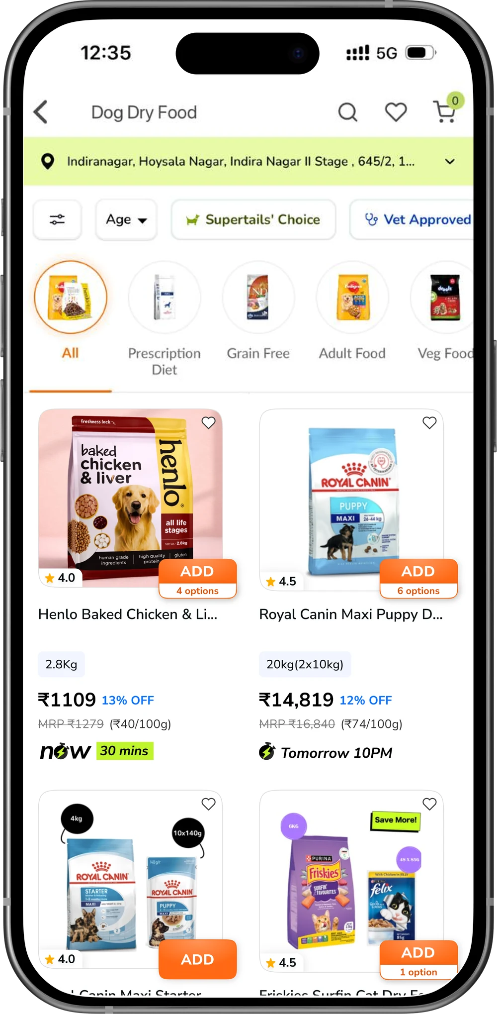 The Supertails dog-food listing in a phone frame: a two-up grid of redesigned product cards.