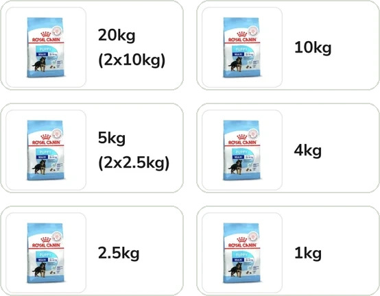 All six pack sizes from the variant sheet: 20kg, 10kg, 5kg, 4kg, 2.5kg and 1kg.
